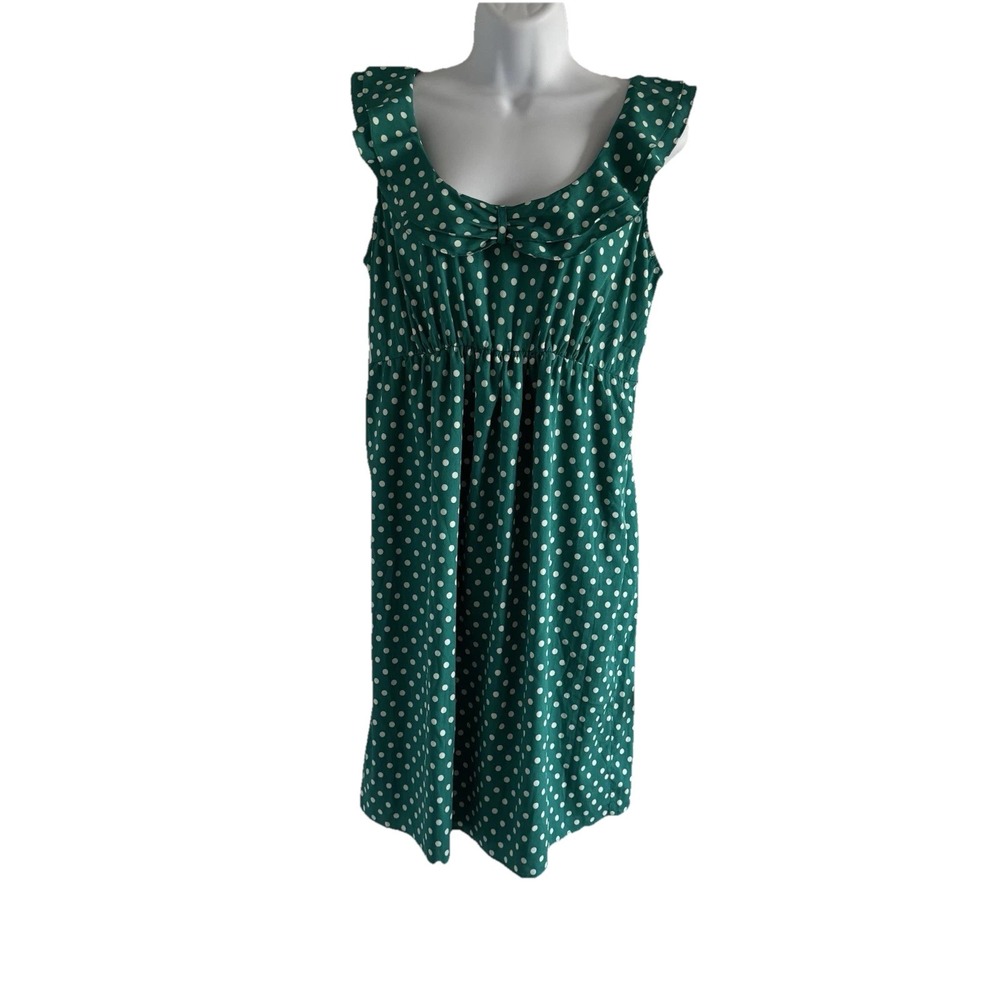 Motherhood Maternity M Green Polka‎ Dot Ruffle Dress Crepe Chiffon Sleeveless